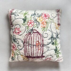 Anthropologie Throw Pillow Embroidered Birdcage Floral Design Fluffy White Decor